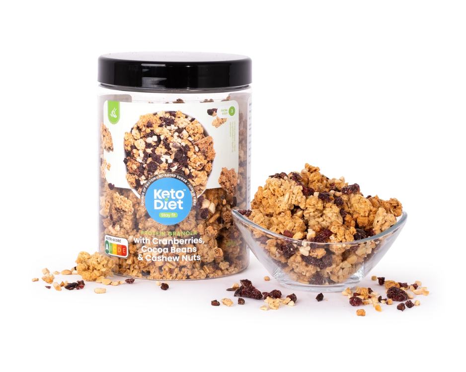 KetoDiet Proteinová granola s brusinkami, kakaovými boby a kešu ořechy